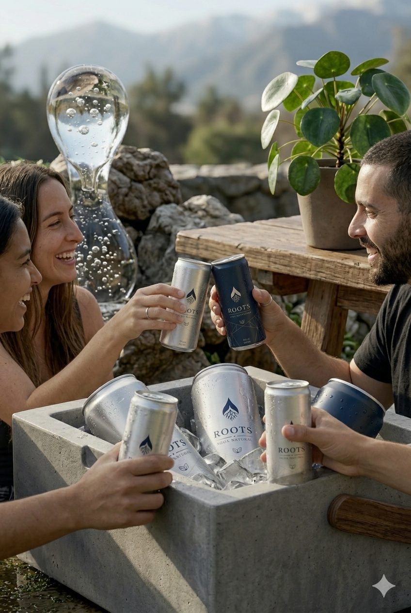 Amigos brindando con latas ROOTS en un hotel o restaurante